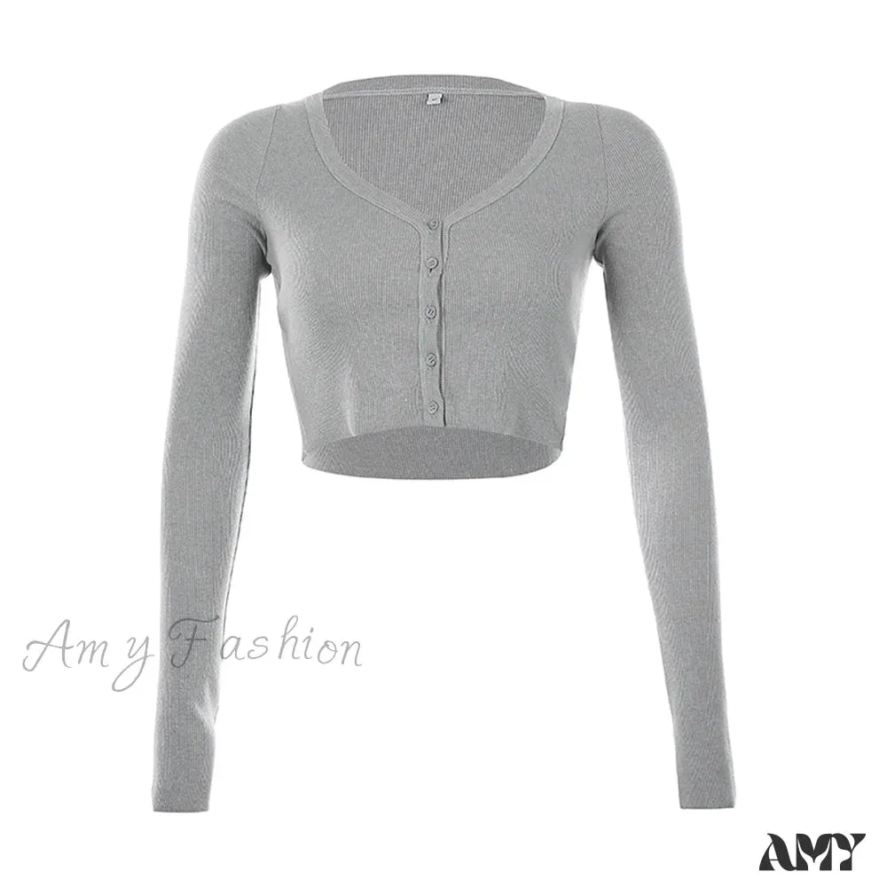 Amy Fashion - Stretchy Long Sleeve Crop Tops Cardigan