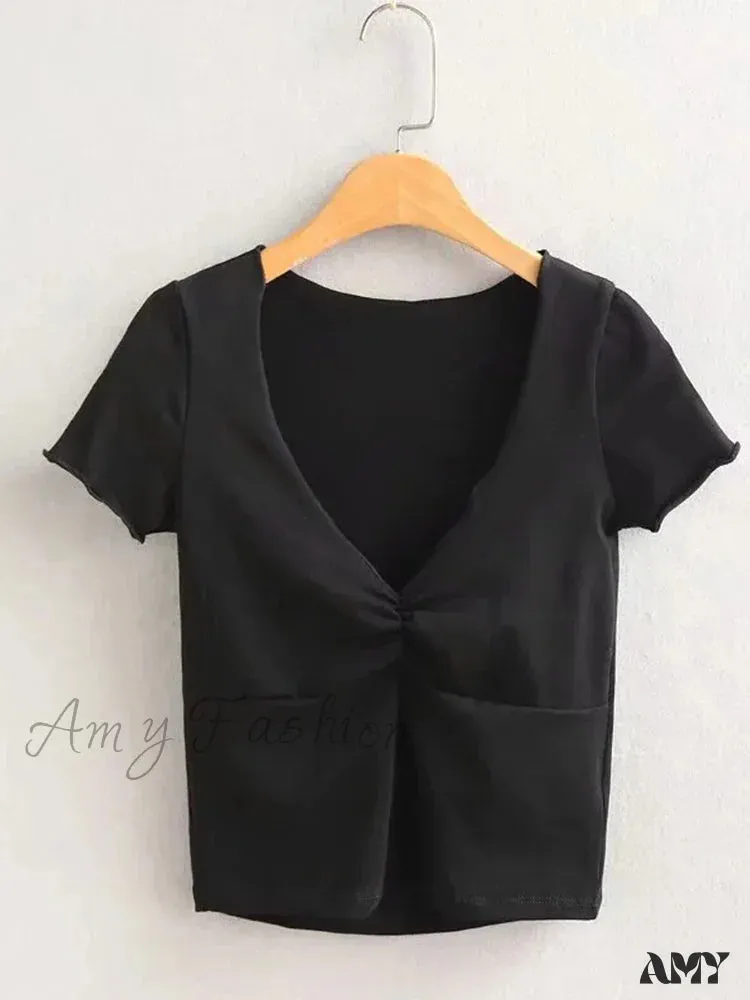 AMY - Soft Stretchy Fitted V-neck Tee Seam Bust Crop Top