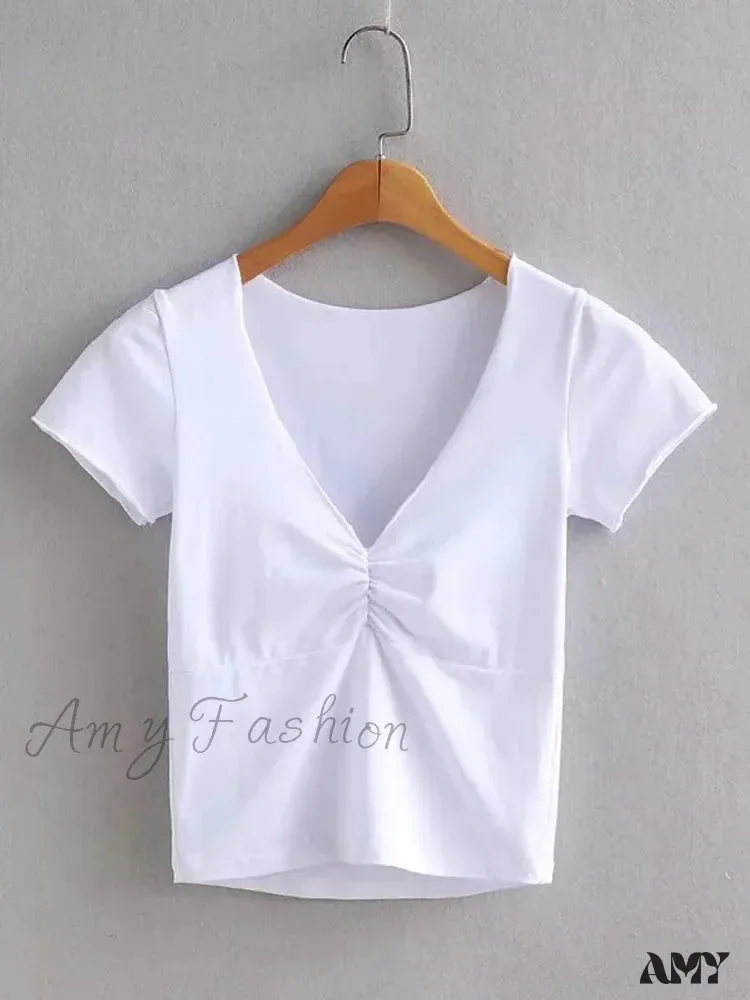 AMY - Soft Stretchy Fitted V-neck Tee Seam Bust Crop Top