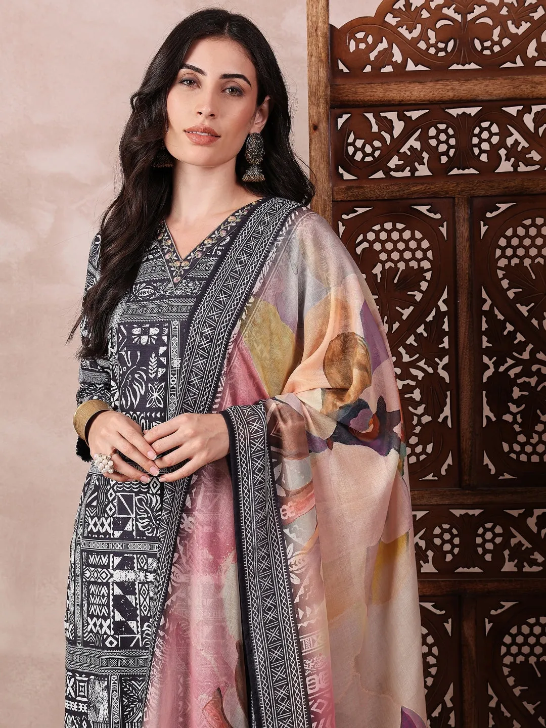 Black Silk Blend Geometric Printed 3-Piece Kurta Set