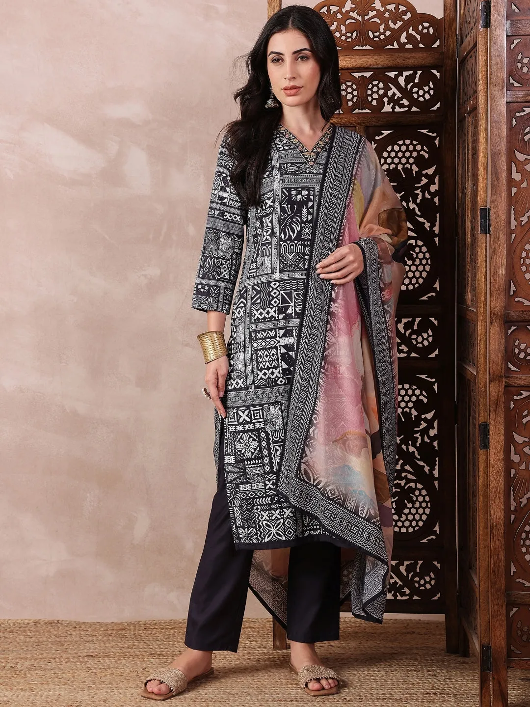 Black Silk Blend Geometric Printed 3-Piece Kurta Set