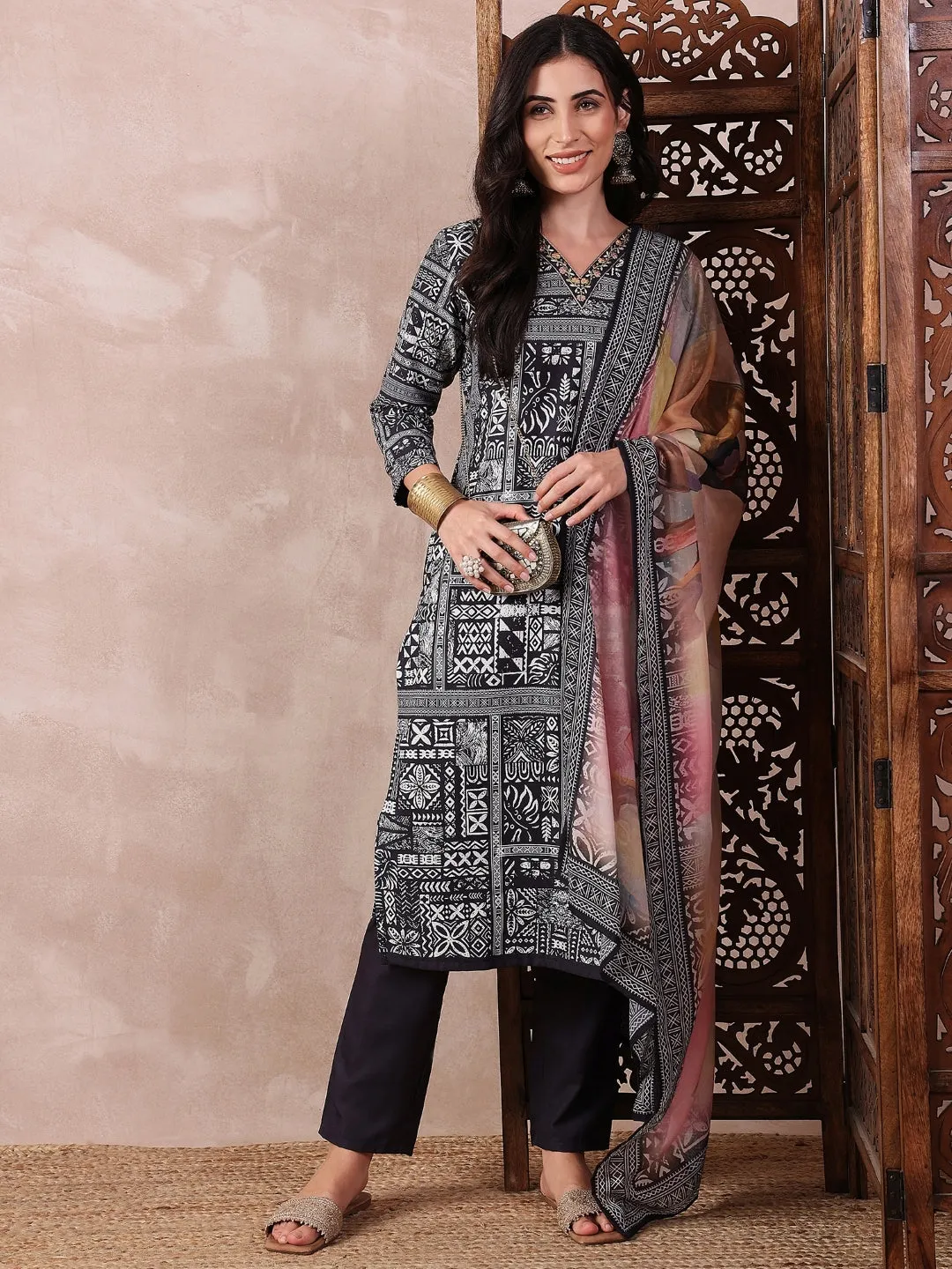 Black Silk Blend Geometric Printed 3-Piece Kurta Set