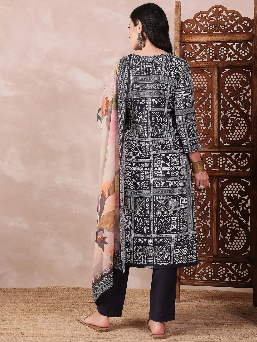 Black Silk Blend Geometric Printed 3-Piece Kurta Set