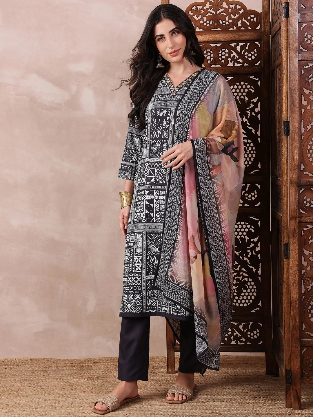 Black Silk Blend Geometric Printed 3-Piece Kurta Set