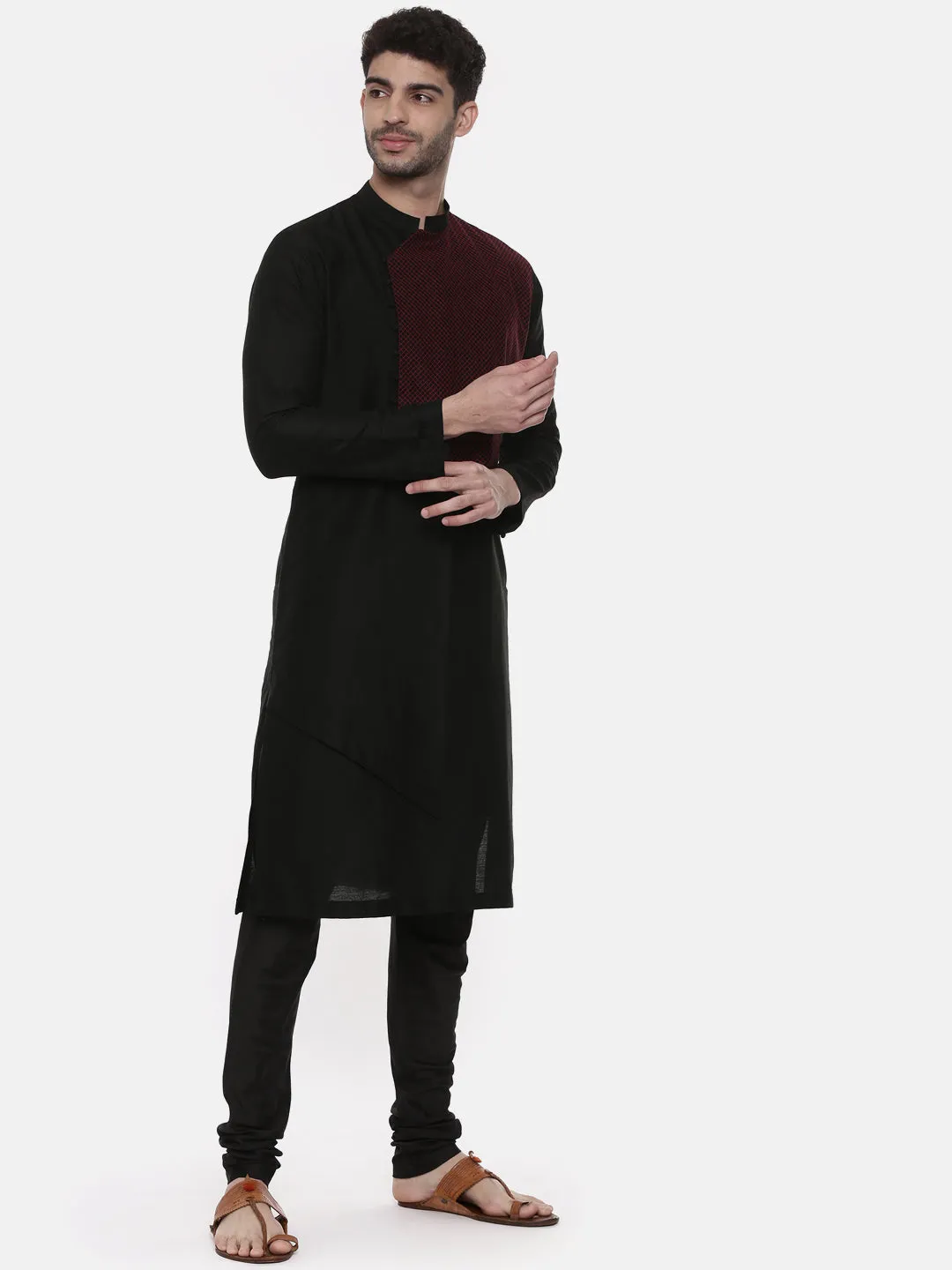 Black Silk Cut Away Kurta - MMK0459