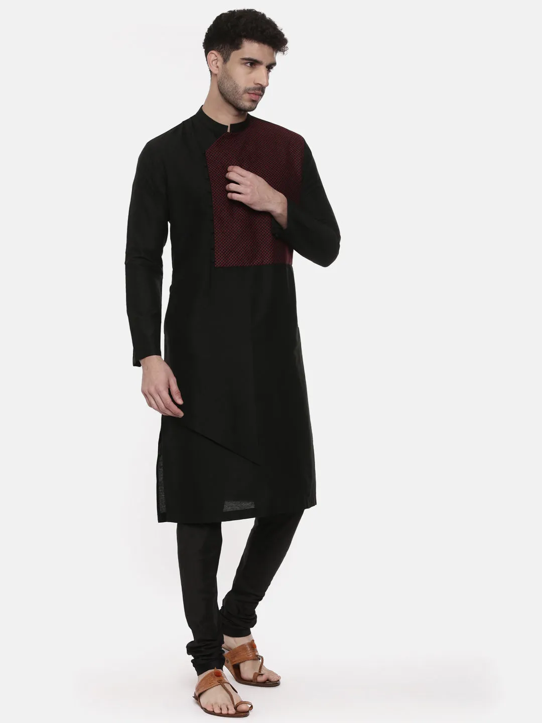 Black Silk Cut Away Kurta - MMK0459