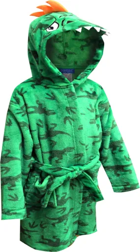 Dinosaur Print Green Plush Hooded Robe with 3D Face