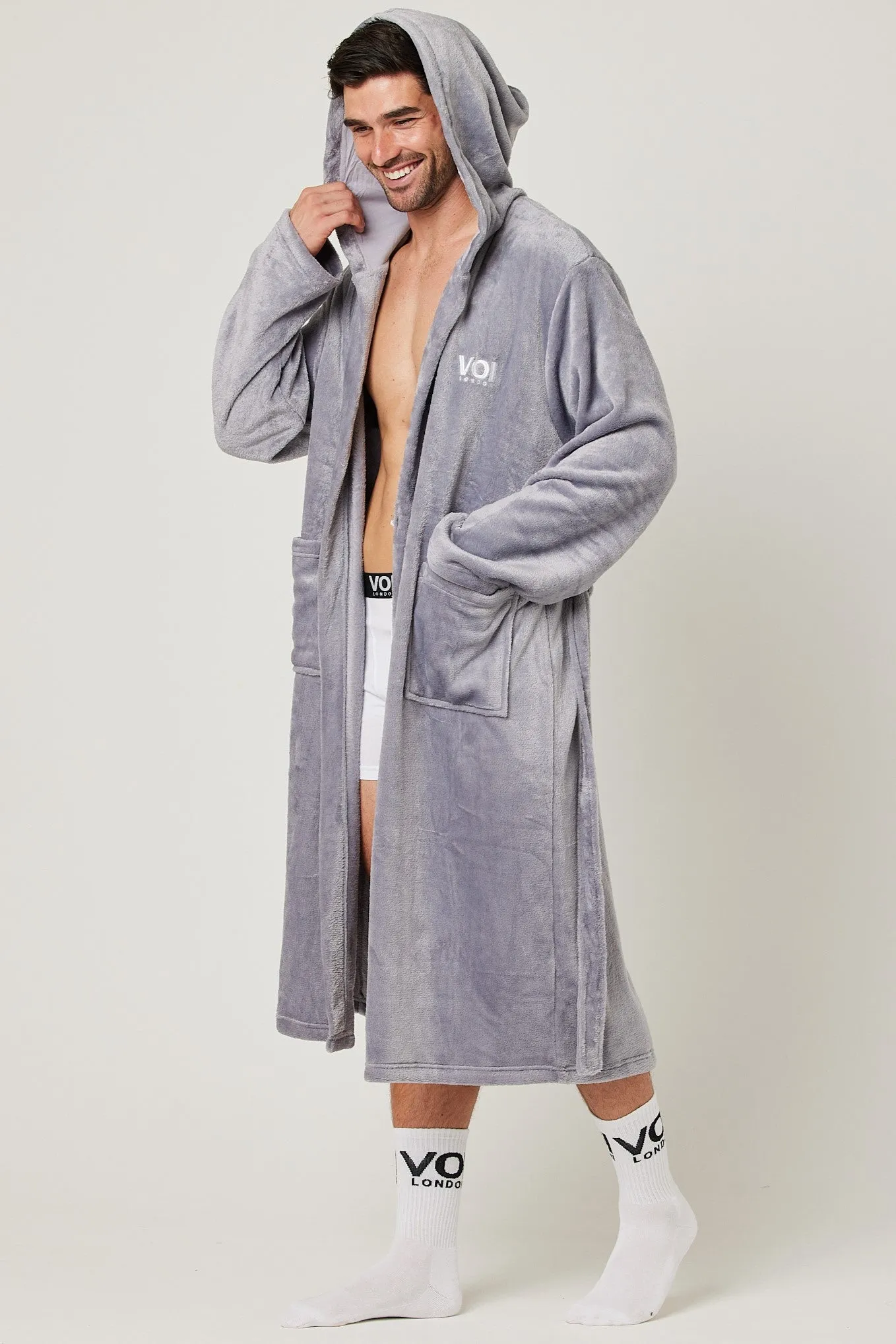 Fleece Dressing Gown & Towel Bundle - Grey/Black