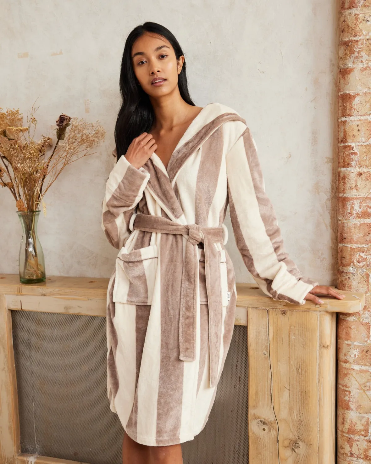 Fleece Stripe Dressing Gown - Taupe