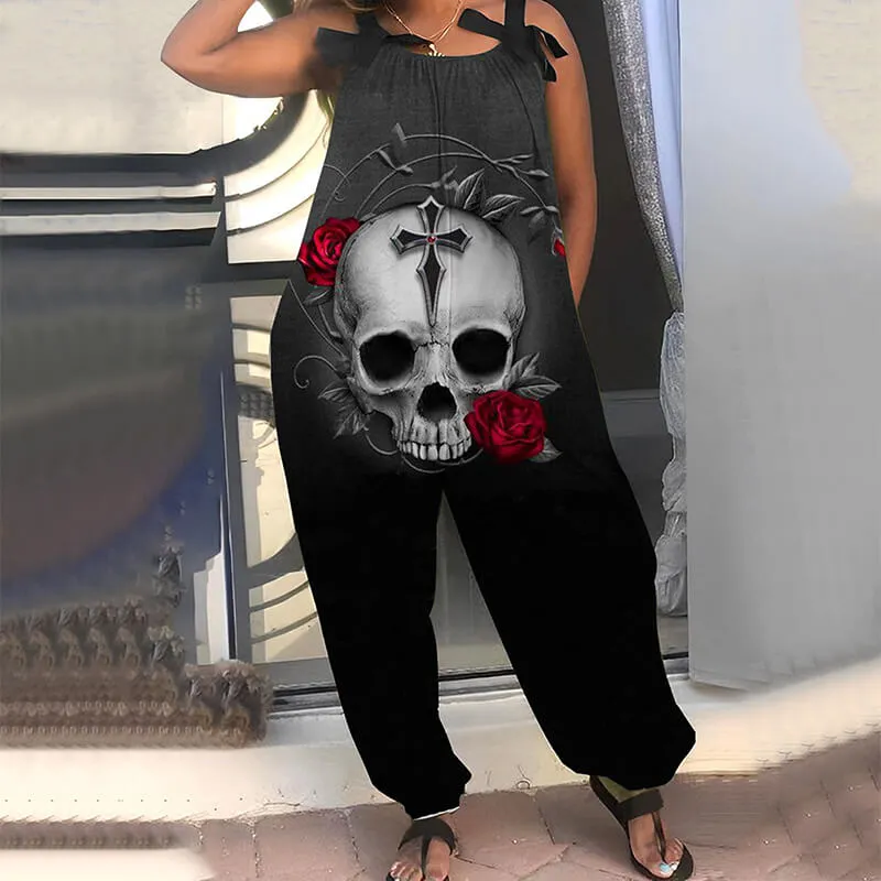 Gothic Skull Flower Print Women's Casual Overalls