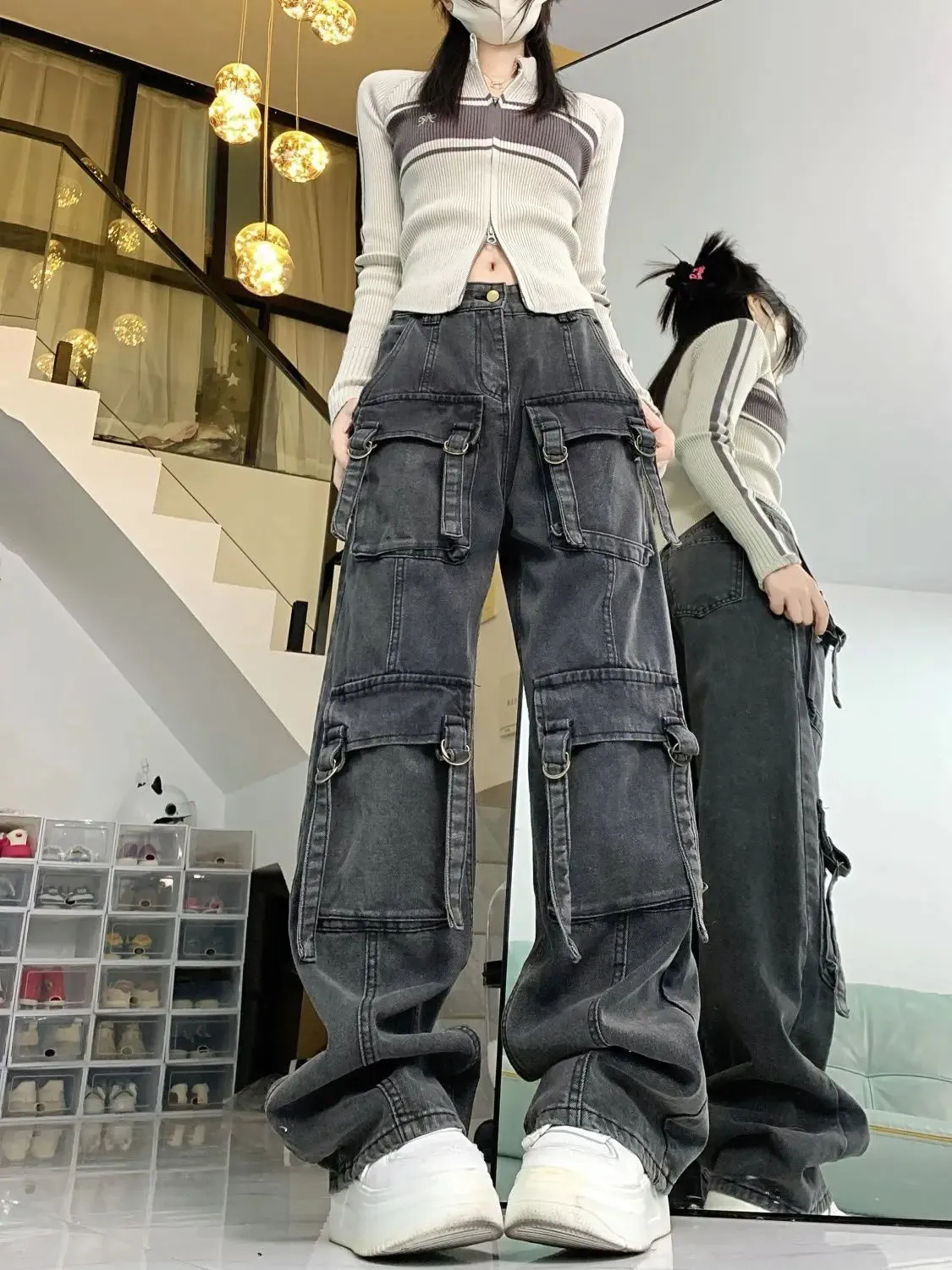 Heavy Duty Washed Multi-pocket Cargo Pants Women Grey Personality High Waisted Pants