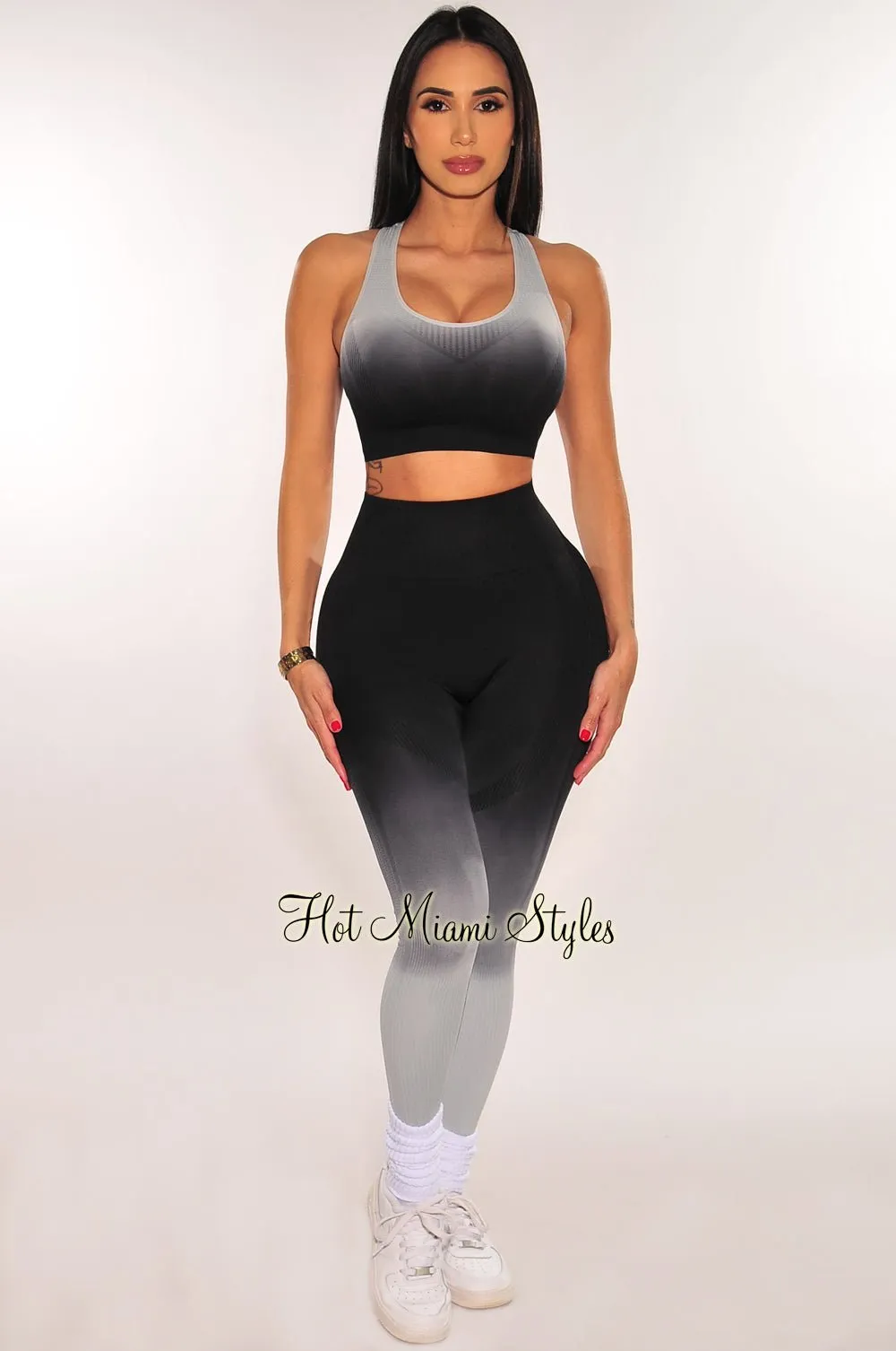 HMS Fit: Black Gray Gradient Padded Racerback Butt Lifting Leggings Two Piece Set