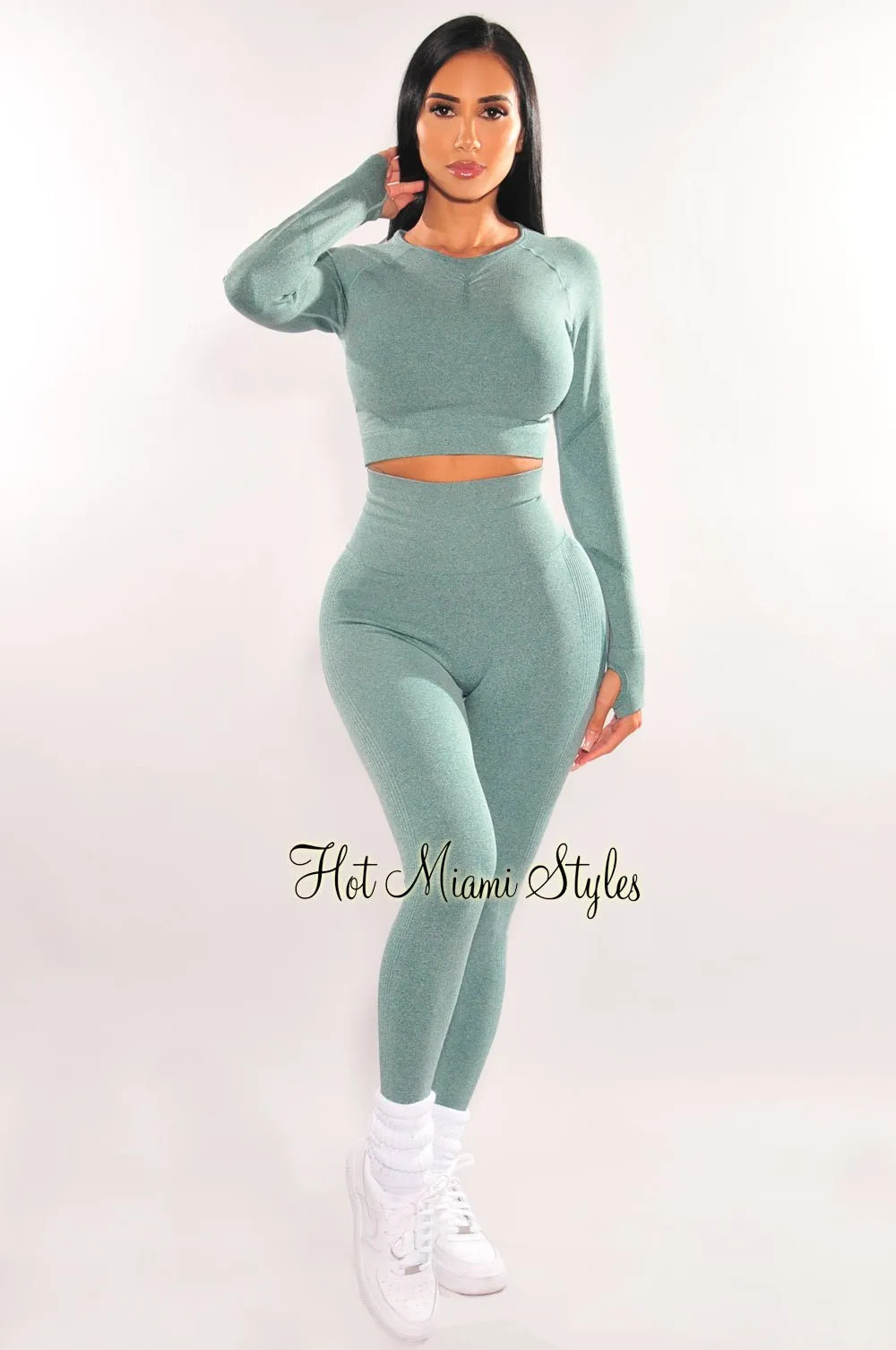 HMS Fit: Sea Green Marl Seamless Butt Lifting Leggings Two Piece Set