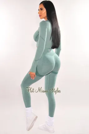 HMS Fit: Sea Green Marl Seamless Butt Lifting Leggings Two Piece Set