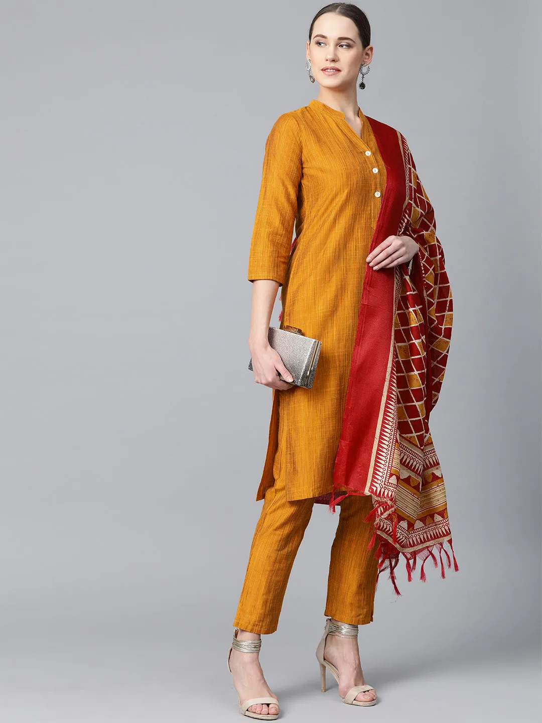 Jashvi Women Mustard & Red Self-Striped Kurta with Trousers & Dupatta