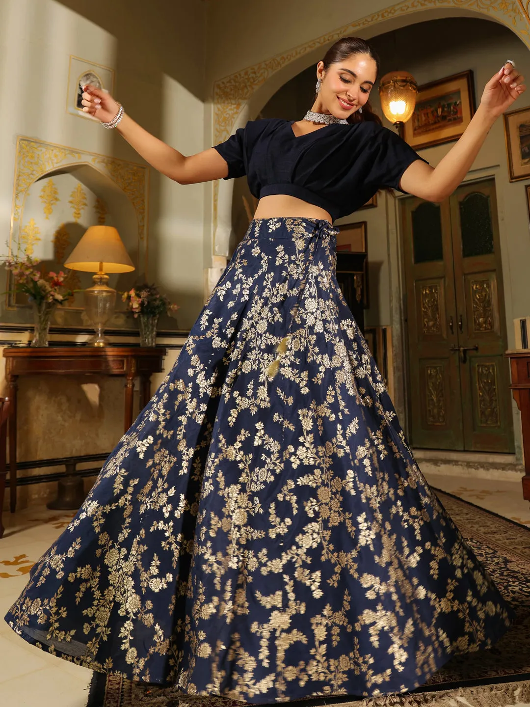 Navy Blue Silk Blend Solid Lehenga Set