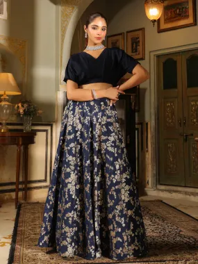 Navy Blue Silk Blend Solid Lehenga Set