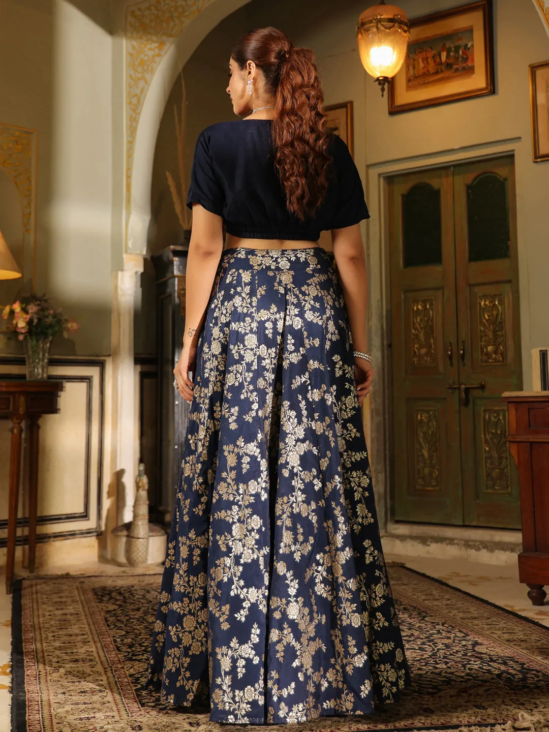 Navy Blue Silk Blend Solid Lehenga Set