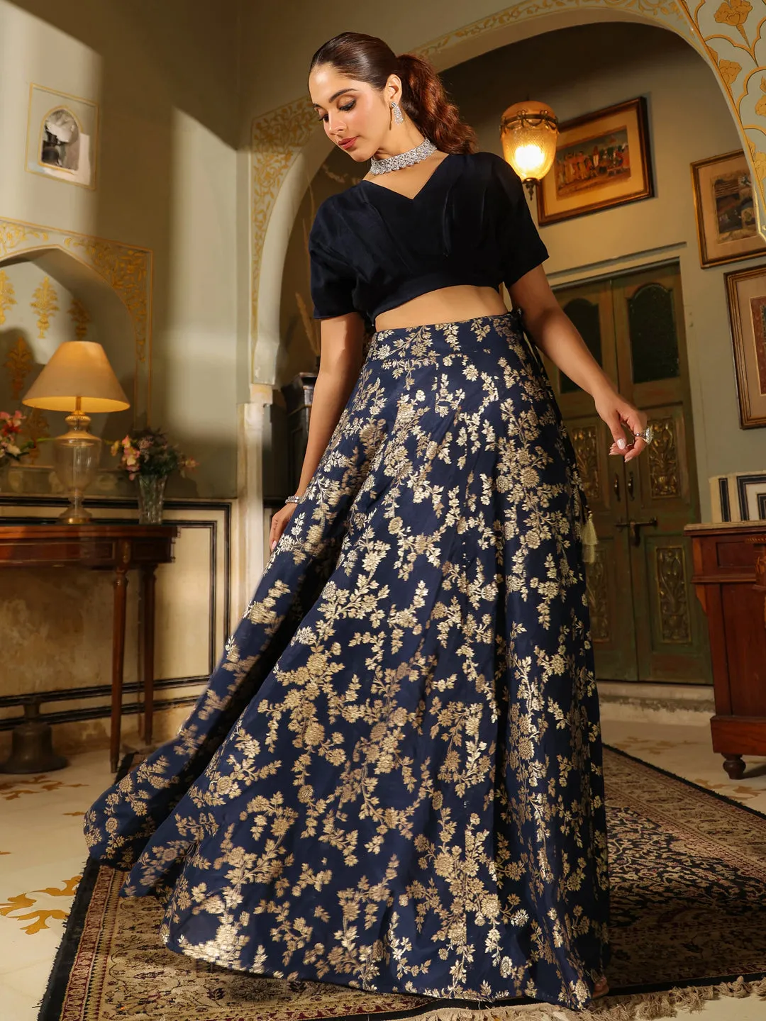 Navy Blue Silk Blend Solid Lehenga Set