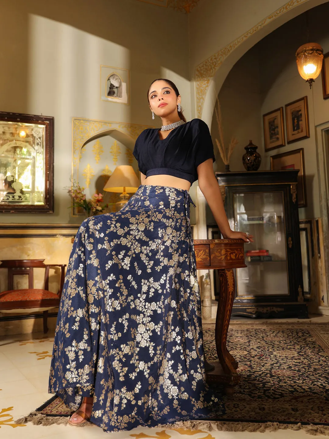 Navy Blue Silk Blend Solid Lehenga Set