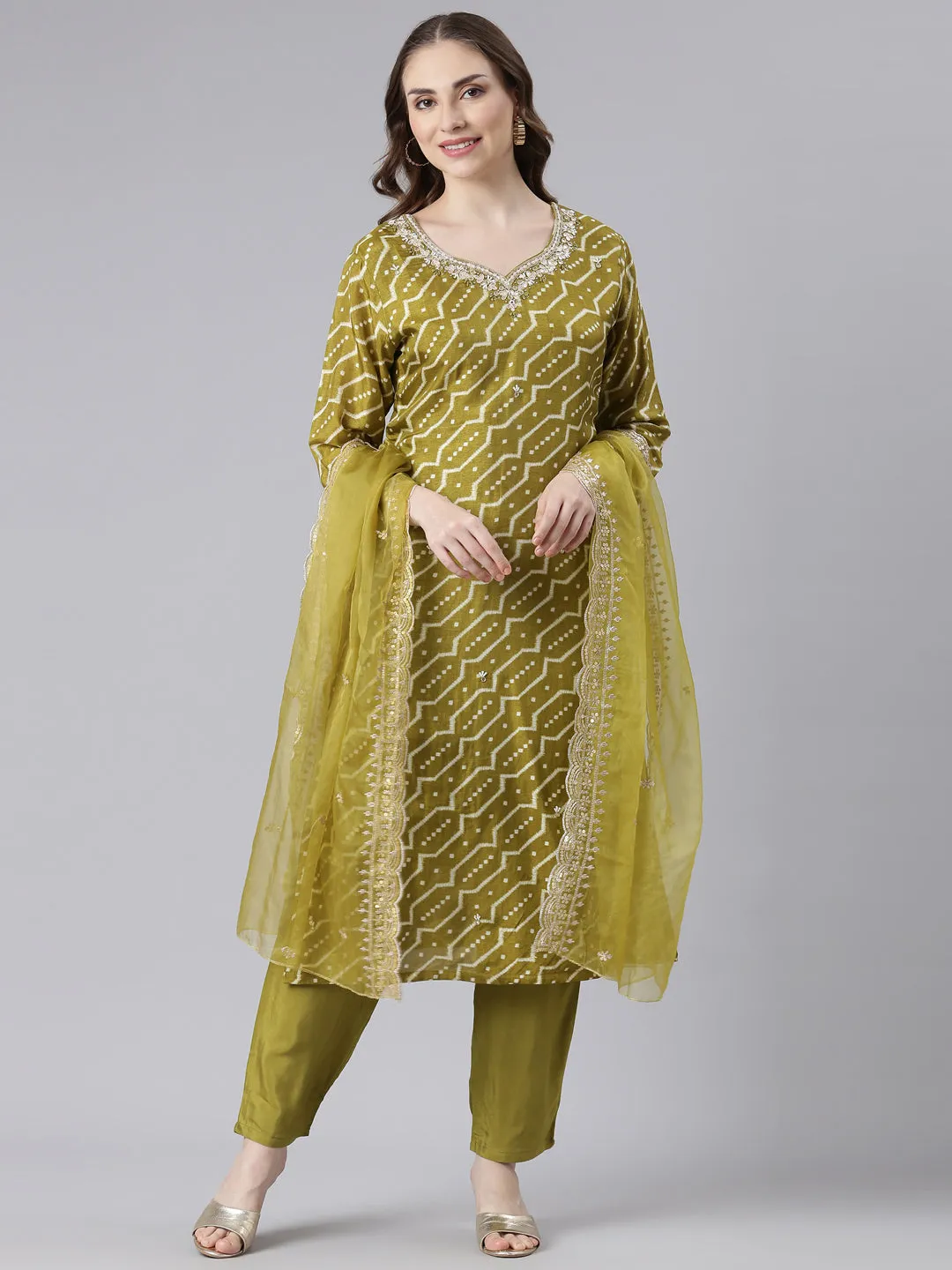 Neerus Green Silk Straight Casual Chevron Kurta and Trouser with Dupatta