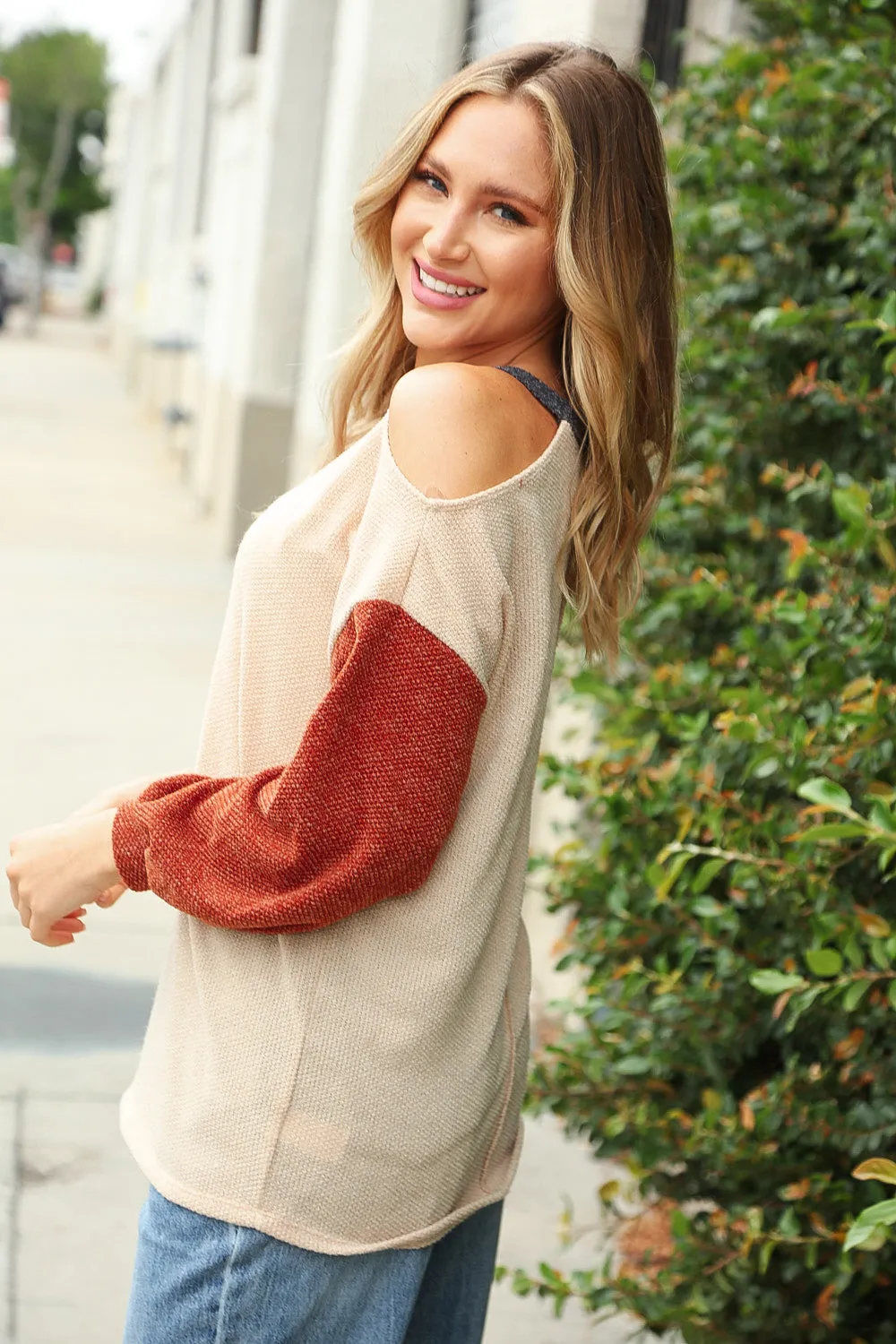 Oatmeal Two Tone Sweater Knit Cold Shoulder Top