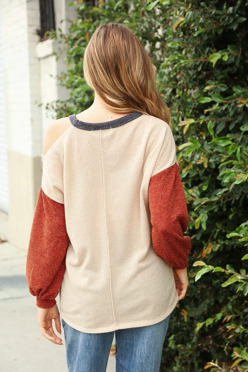 Oatmeal Two Tone Sweater Knit Cold Shoulder Top