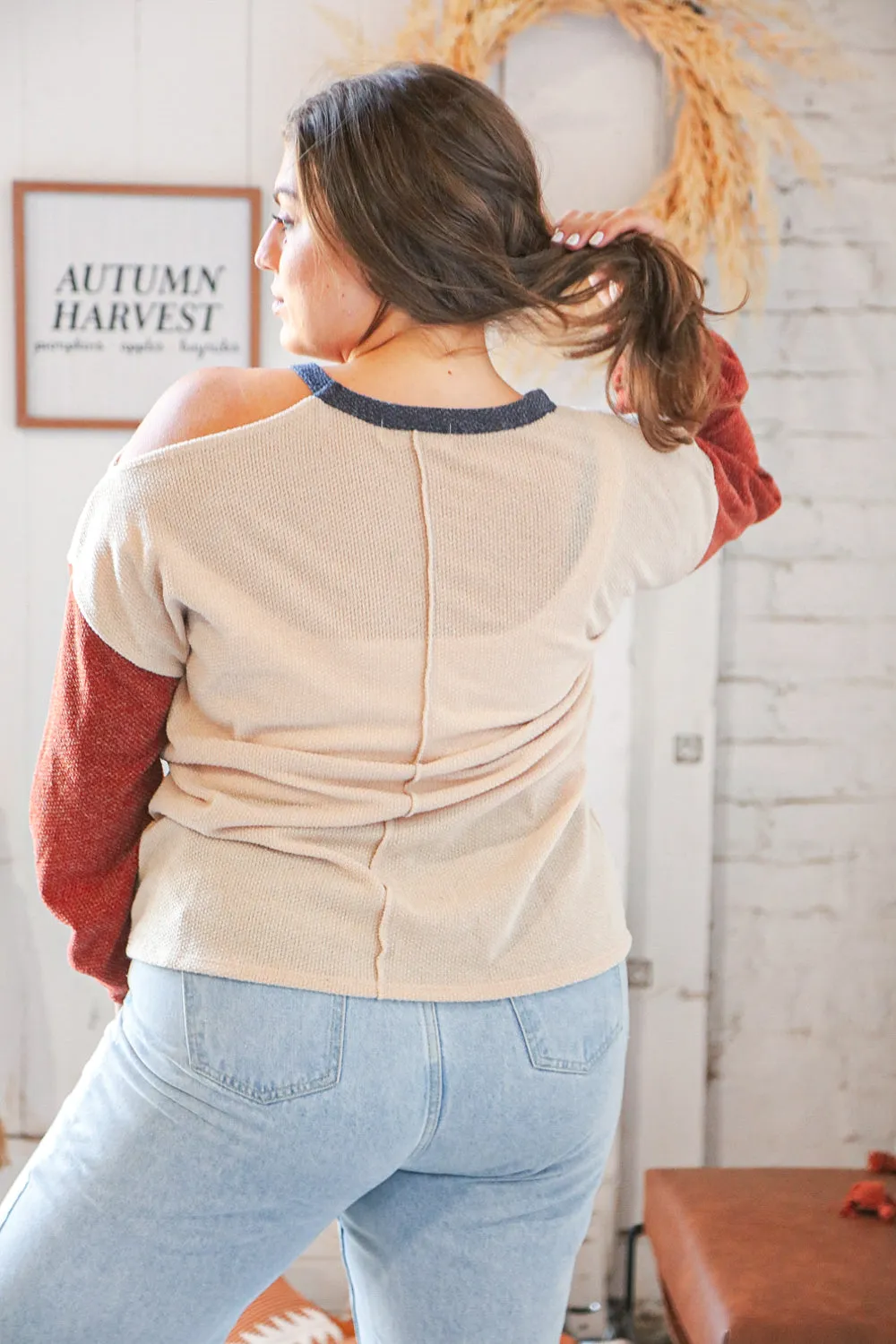 Oatmeal Two Tone Sweater Knit Cold Shoulder Top