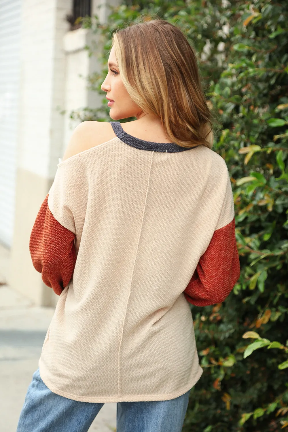 Oatmeal Two Tone Sweater Knit Cold Shoulder Top