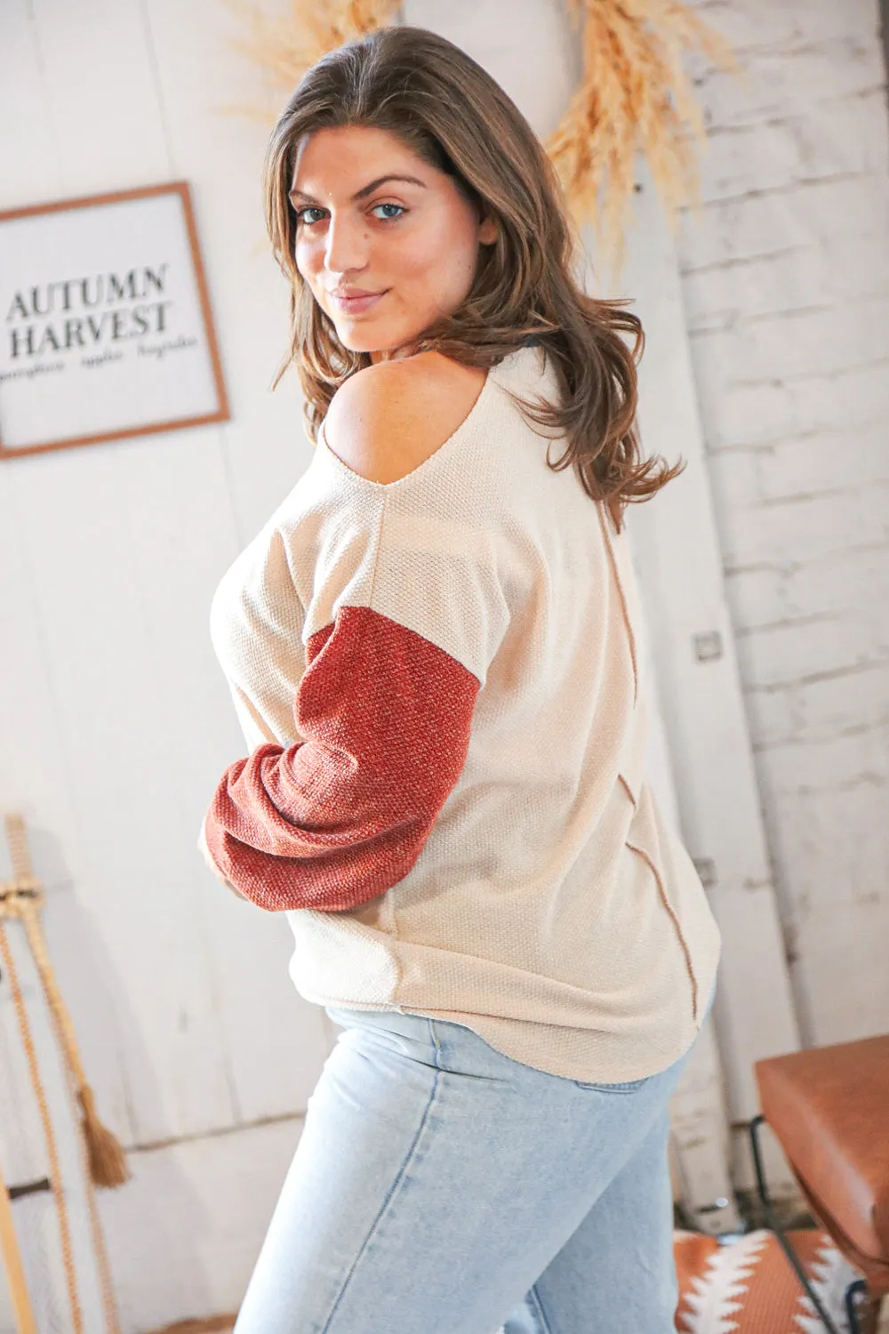 Oatmeal Two Tone Sweater Knit Cold Shoulder Top