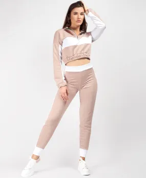 Pink Contrast Crop Sweatshirt & Joggers Loungewear Tracksuit