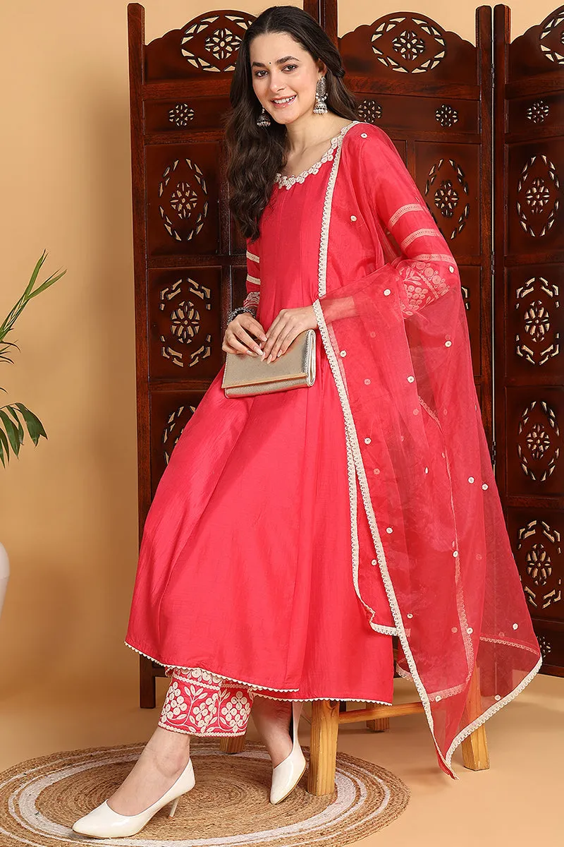 Pink Silk Blend Solid Embroidered Anarkali Set