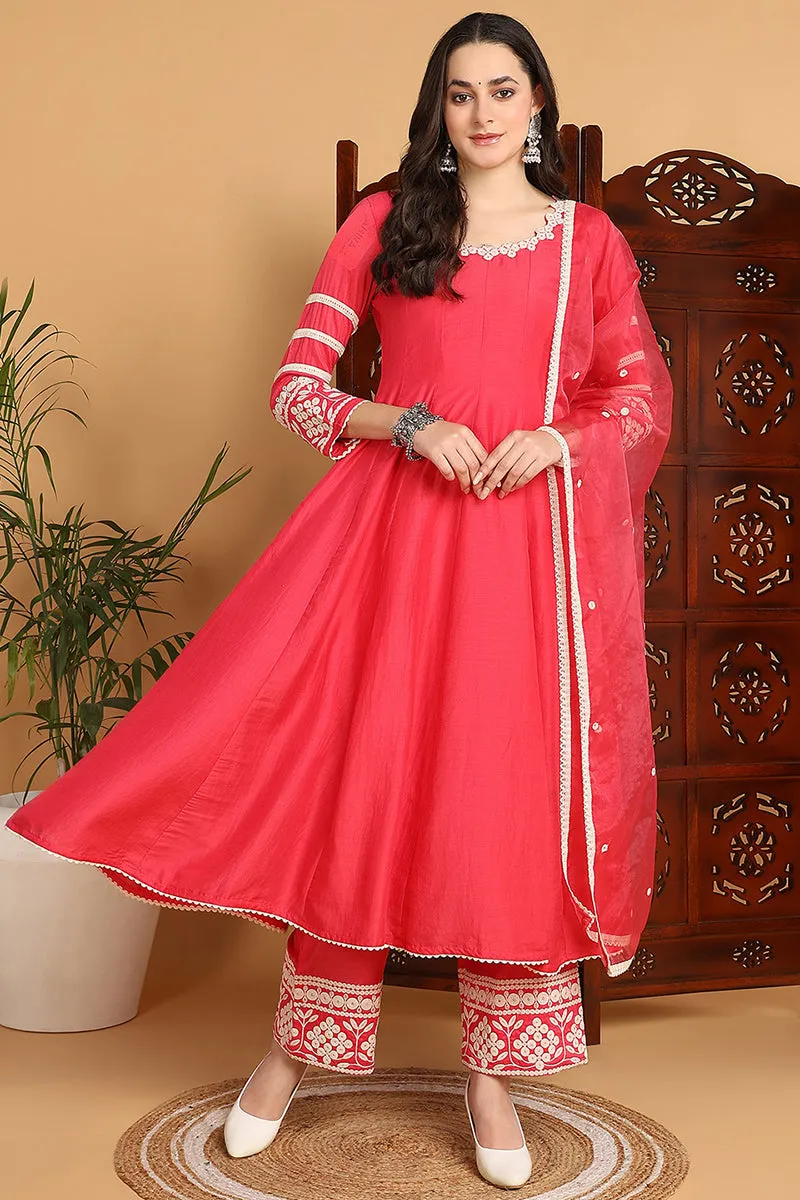 Pink Silk Blend Solid Embroidered Anarkali Set