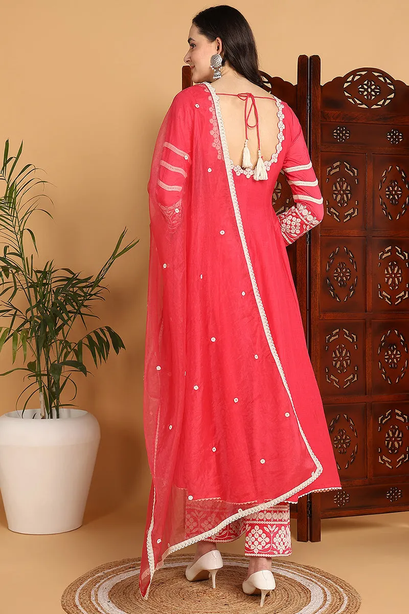 Pink Silk Blend Solid Embroidered Anarkali Set