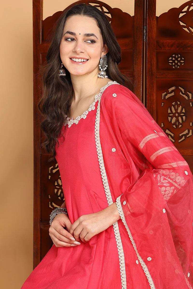 Pink Silk Blend Solid Embroidered Anarkali Set