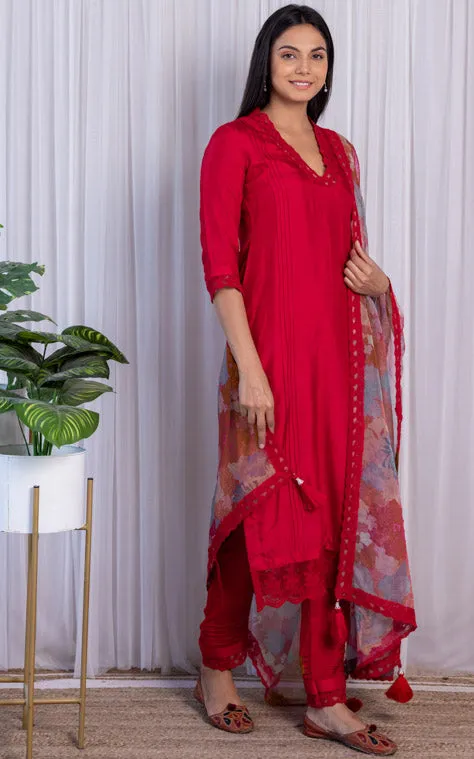 Red Kurta Pant Set with Floral Organza Dupatta