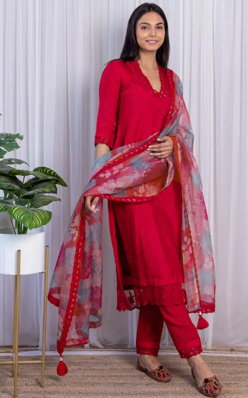 Red Kurta Pant Set with Floral Organza Dupatta