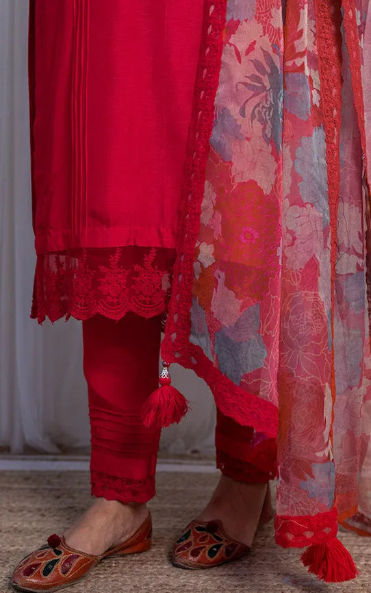 Red Kurta Pant Set with Floral Organza Dupatta