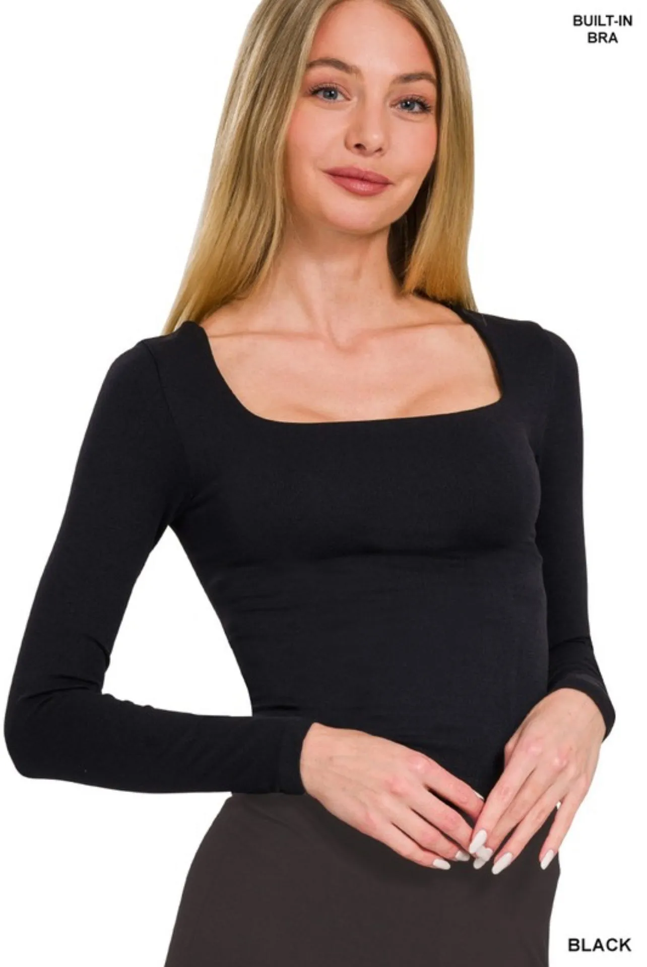 SEAMLESS FITTED SQUARE NECK TOP WITH BUILT IN BRA- BLACK