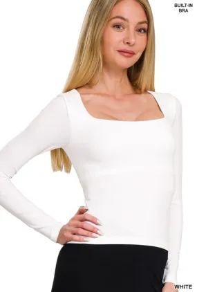 SEAMLESS FITTED SQUARE NECK TOP WITH BUILT IN BRA- WHITE