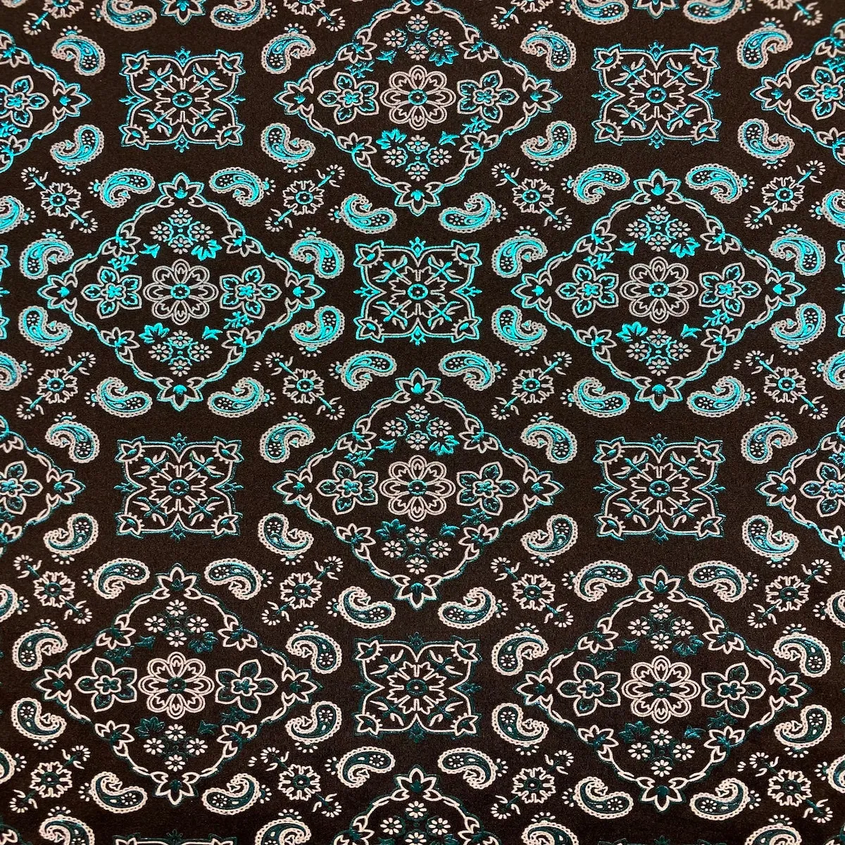 Turquoise Blue Black Two Tone Bandana Paisley Spandex Fabric