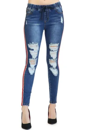 Women's Ripped Denim Jogger with Stripe