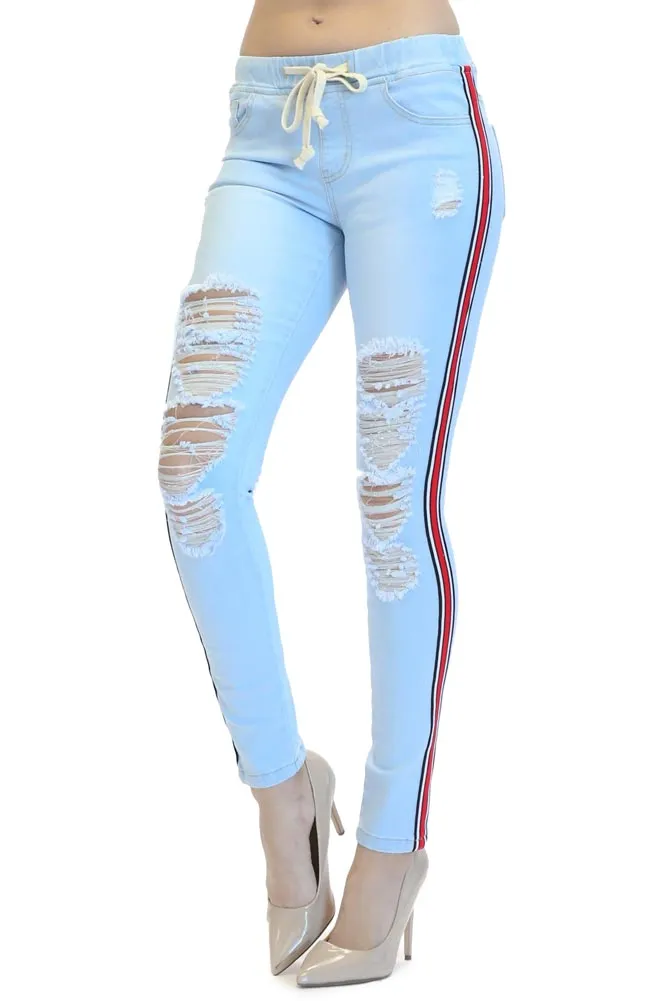 Women's Ripped Denim Jogger with Stripe