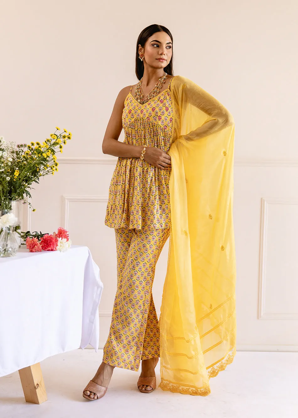 Yellow Muslin Silk Printed Strappy 3-Piece Kurta Set