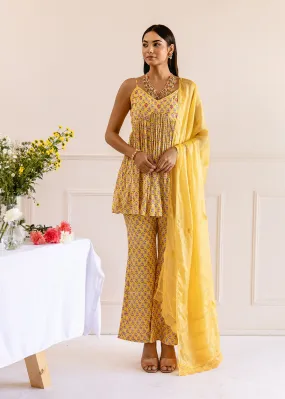 Yellow Muslin Silk Printed Strappy 3-Piece Kurta Set