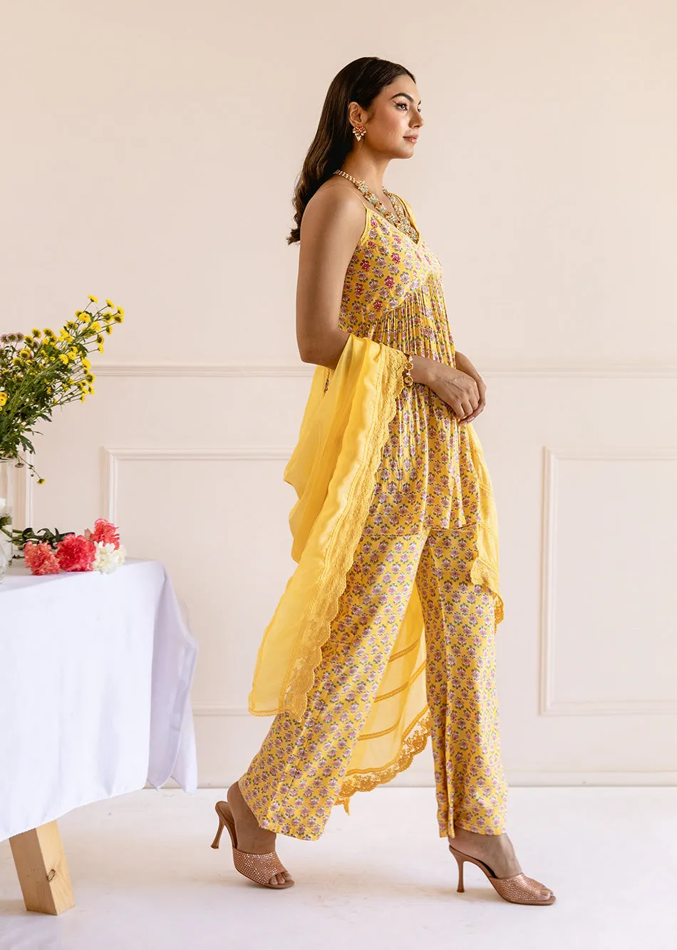 Yellow Muslin Silk Printed Strappy 3-Piece Kurta Set