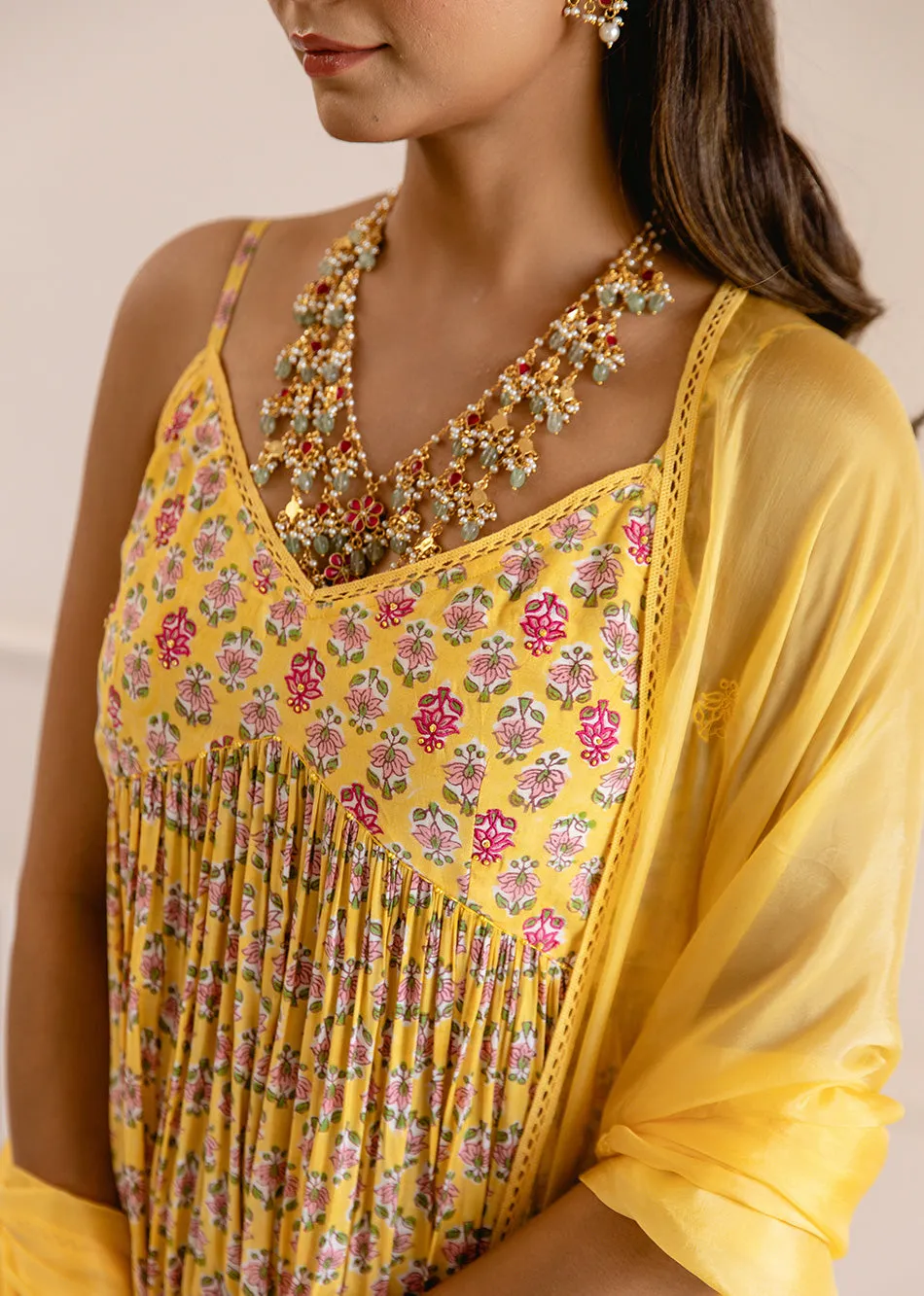 Yellow Muslin Silk Printed Strappy 3-Piece Kurta Set