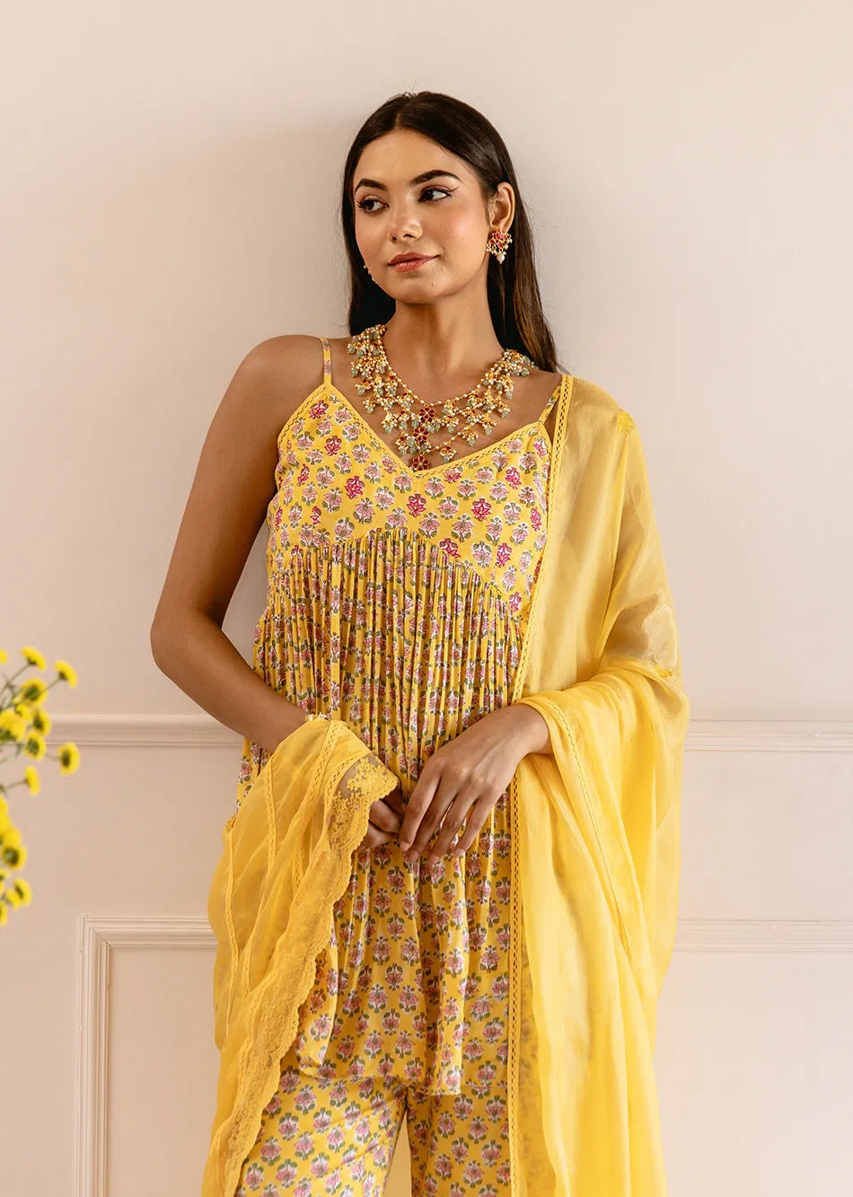 Yellow Muslin Silk Printed Strappy 3-Piece Kurta Set