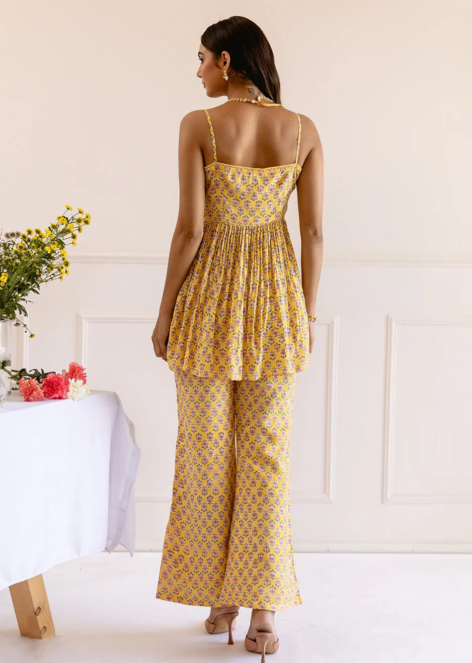 Yellow Muslin Silk Printed Strappy 3-Piece Kurta Set