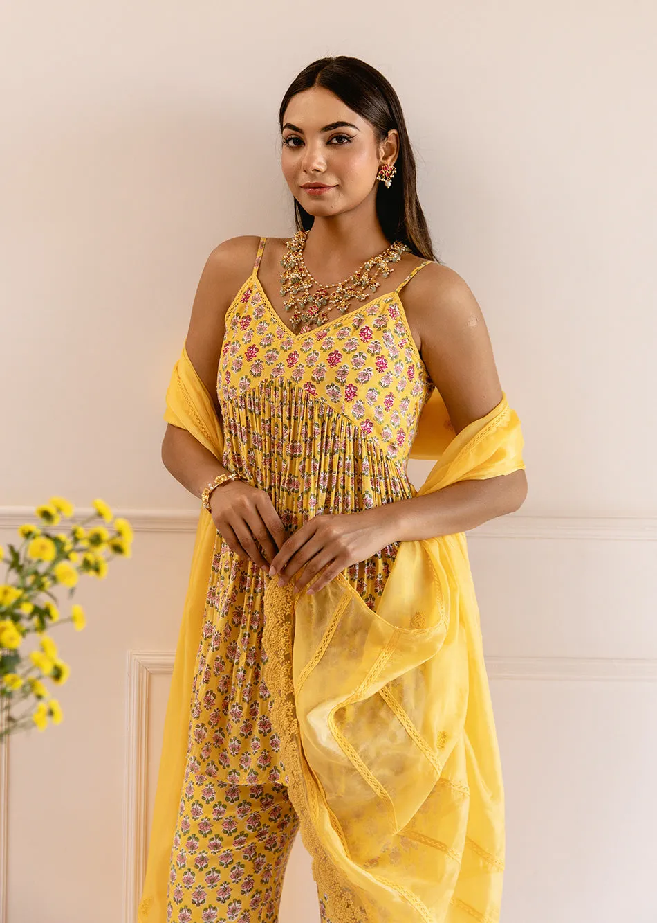 Yellow Muslin Silk Printed Strappy 3-Piece Kurta Set